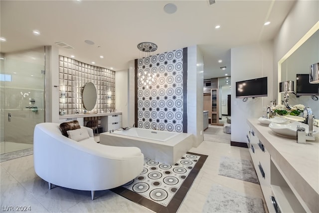 full bathroom featuring a washtub, recessed lighting, visible vents, vanity, and a shower stall