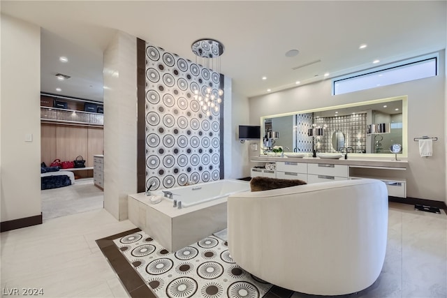 bathroom with a tub, tile flooring, and oversized vanity