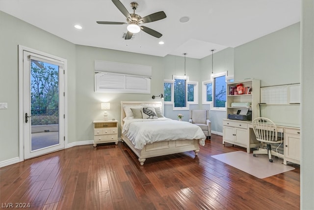 bedroom with dark wood-type flooring, ceiling fan, access to exterior, and multiple windows