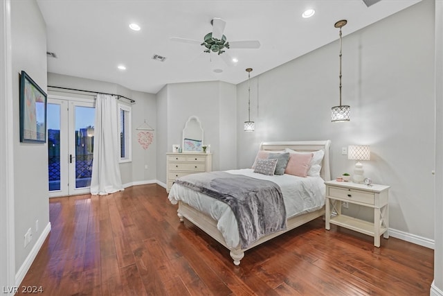 bedroom featuring hardwood / wood-style floors, ceiling fan, french doors, and access to outside