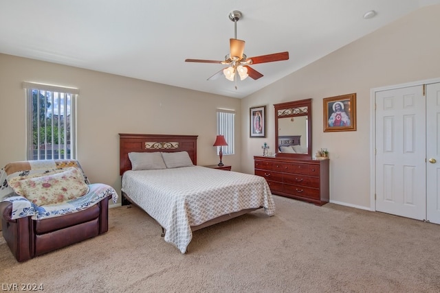 bedroom with lofted ceiling, carpet, and ceiling fan