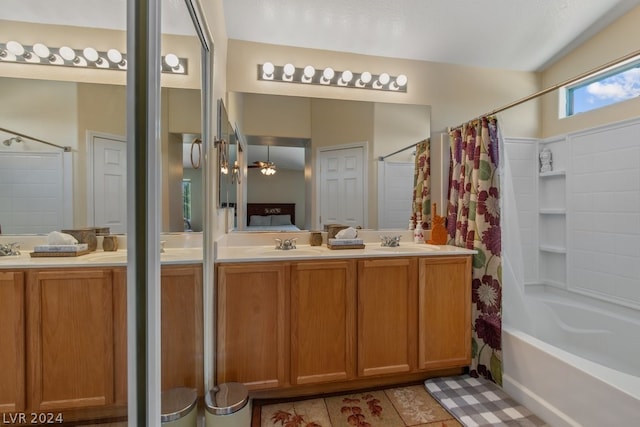 bathroom with dual vanity, ceiling fan, tile flooring, and shower / bathtub combination with curtain