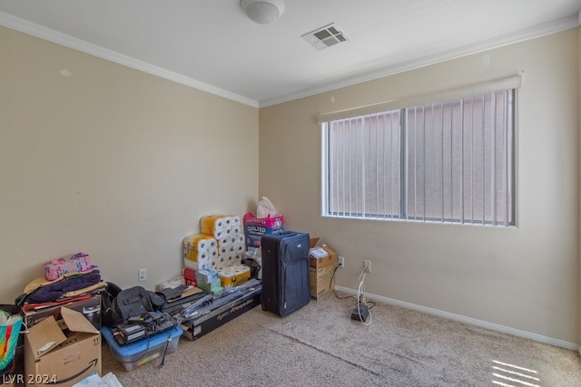 recreation room with light colored carpet and ornamental molding