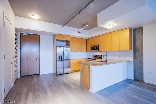 kitchen with rail lighting, light hardwood / wood-style floors, and appliances with stainless steel finishes