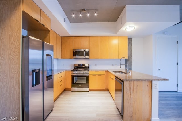 kitchen with kitchen peninsula, light wood-type flooring, track lighting, sink, and appliances with stainless steel finishes