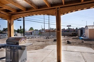 view of patio / terrace with a storage unit and a grill