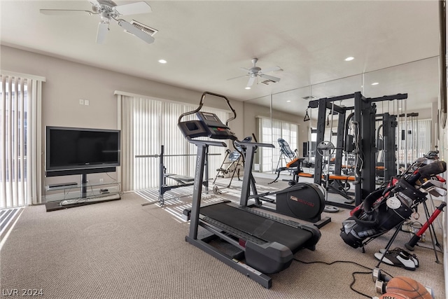 gym with ceiling fan, carpet, and plenty of natural light