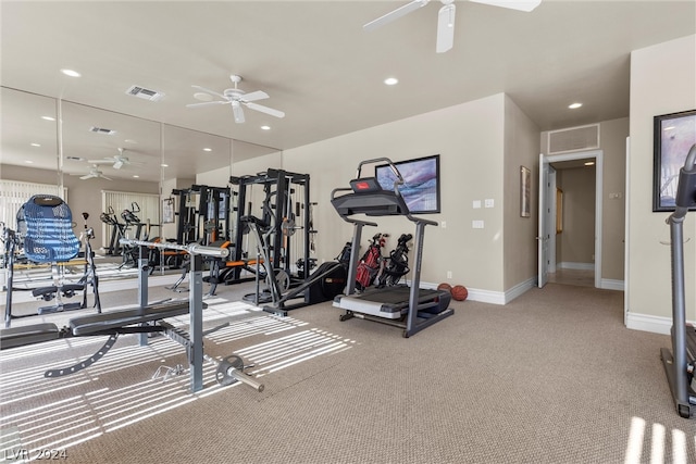 workout area with carpet flooring and ceiling fan