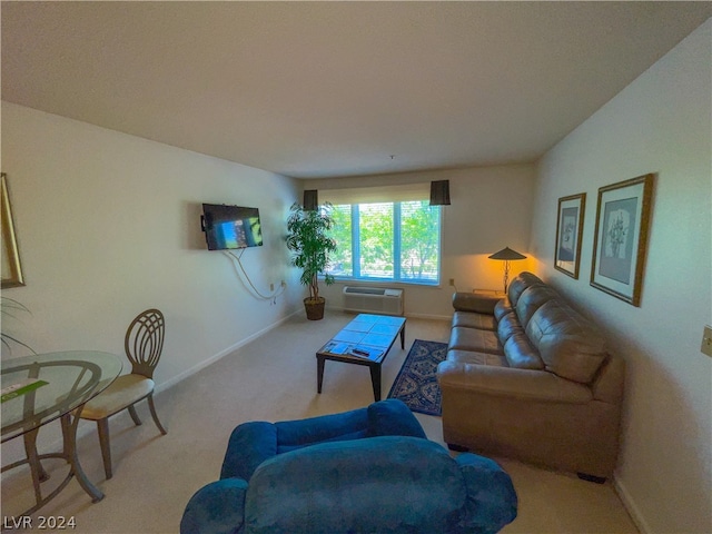 carpeted living room with a wall unit AC