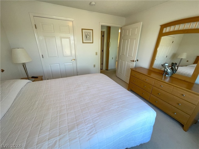 bedroom featuring light carpet and a closet