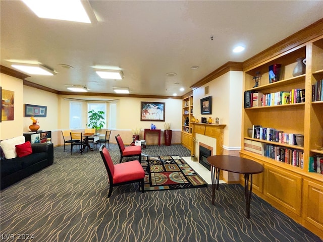 carpeted living room with ornamental molding