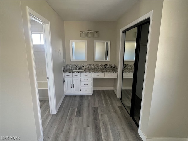 bathroom with vanity and wood-type flooring