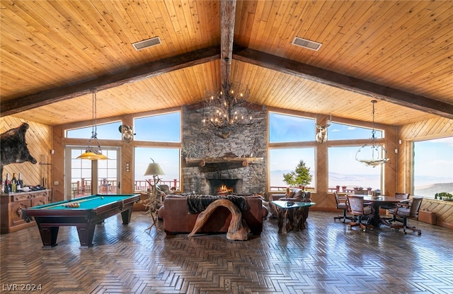 recreation room with parquet floors, billiards, a stone fireplace, high vaulted ceiling, and beamed ceiling