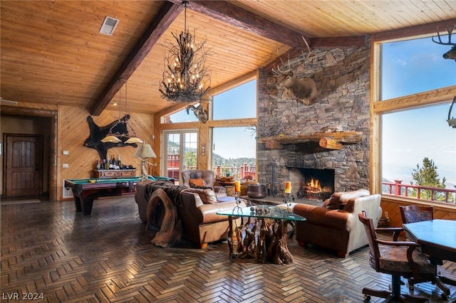 living room with parquet floors, wood walls, beam ceiling, high vaulted ceiling, and pool table