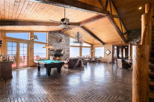 4910 Cougar Ridge Trl, Mount Charleston, NV 89124 - playroom with wooden ceiling, high vaulted ceiling, ceiling fan, pool table, and a fireplace