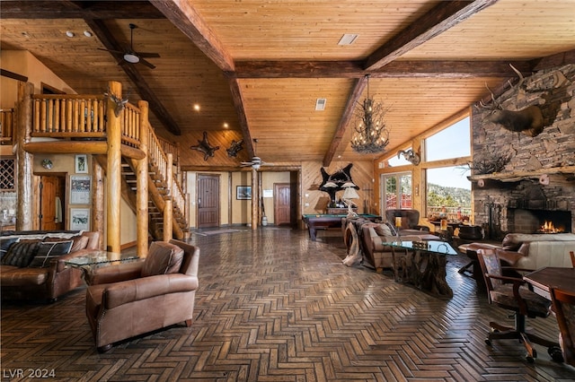 living room with a fireplace, beam ceiling, high vaulted ceiling, wood ceiling, and ceiling fan