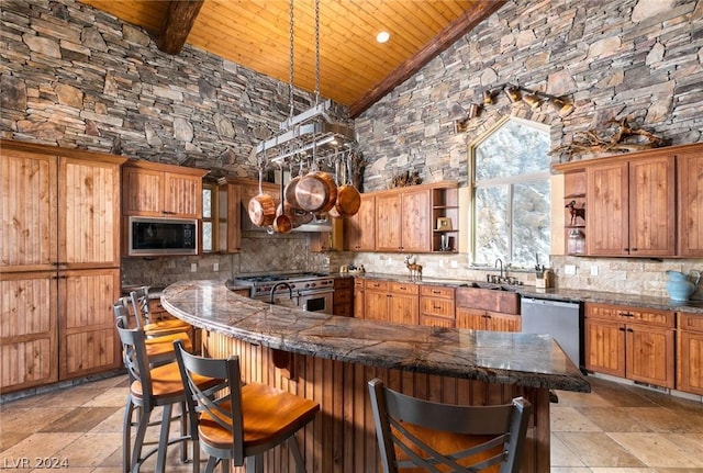 4910 Cougar Ridge Trl, Mount Charleston, NV 89124 - kitchen with open shelves, wooden ceiling, stainless steel appliances, high vaulted ceiling, and a kitchen breakfast bar