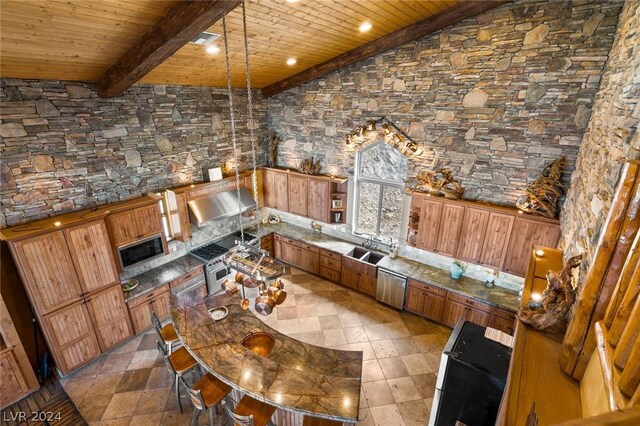 4910 Cougar Ridge Trl, Mount Charleston, NV 89124 - kitchen featuring built in microwave, wood ceiling, dishwasher, ventilation hood, and open shelves