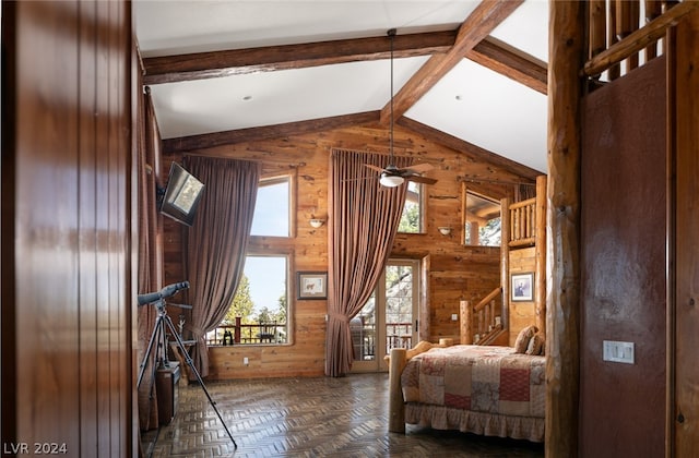 unfurnished living room with dark parquet flooring, lofted ceiling with beams, ceiling fan, and wood walls