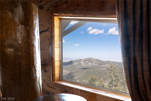 details with wood walls and a mountain view