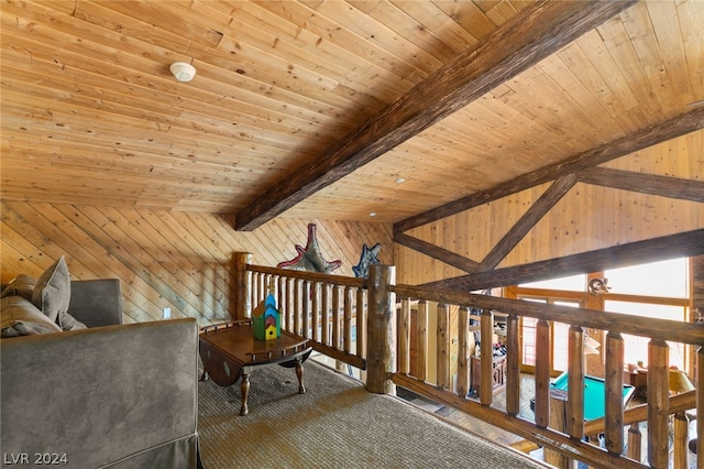 interior space with lofted ceiling with beams, wood walls, and wooden ceiling