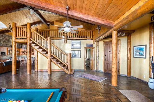 entrance foyer featuring dark parquet flooring, billiards, ceiling fan, and beamed ceiling