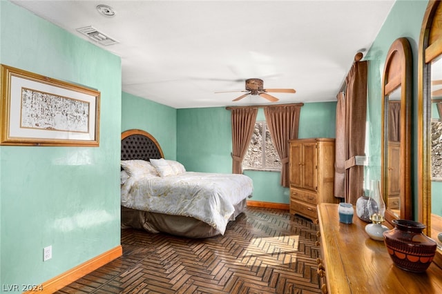 bedroom with parquet flooring and ceiling fan