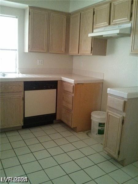 kitchen with dishwashing machine and light tile patterned flooring