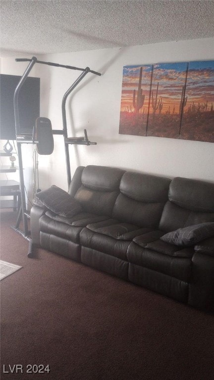 carpeted living room featuring a textured ceiling