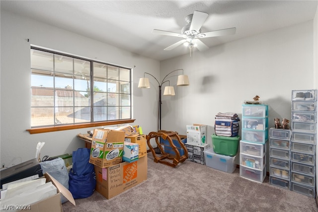 playroom with ceiling fan and carpet floors