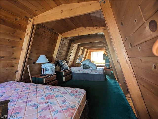 bedroom featuring dark colored carpet, lofted ceiling with beams, wood walls, and wooden ceiling