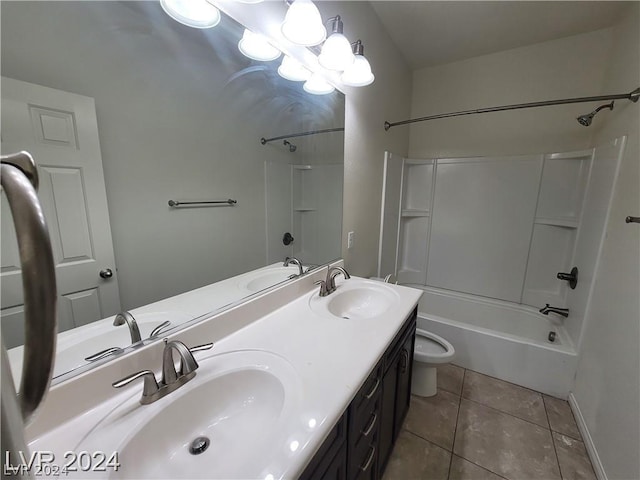 full bathroom featuring shower / tub combination, tile patterned flooring, vanity, and toilet