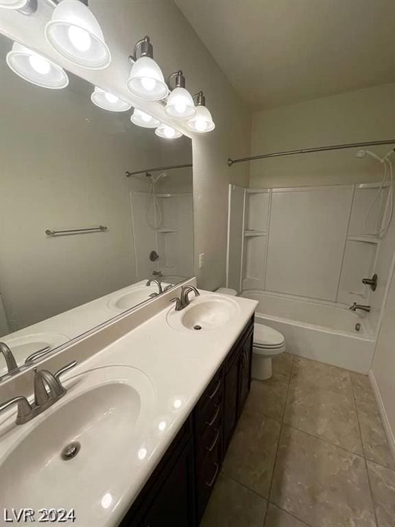 full bathroom featuring shower / tub combination, tile patterned flooring, vanity, and toilet