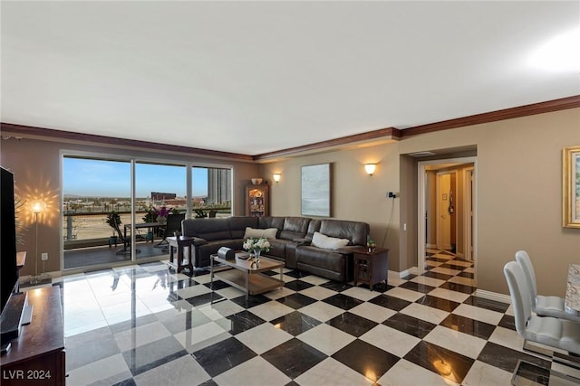 living room featuring ornamental molding