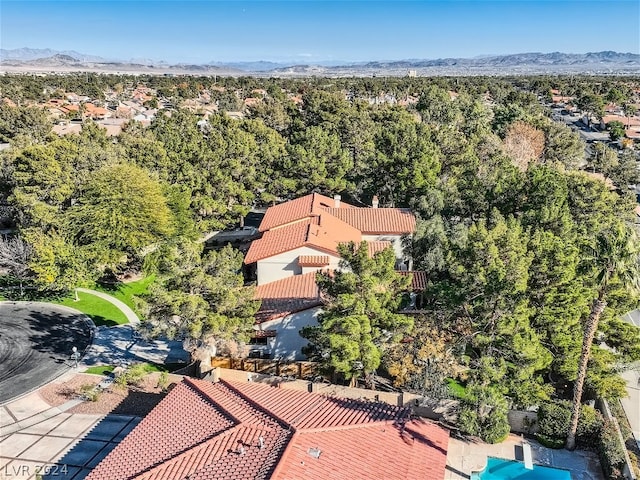 drone / aerial view featuring a mountain view