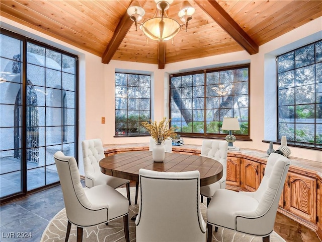 dining area featuring a wealth of natural light, wooden ceiling, vaulted ceiling with beams, and an inviting chandelier