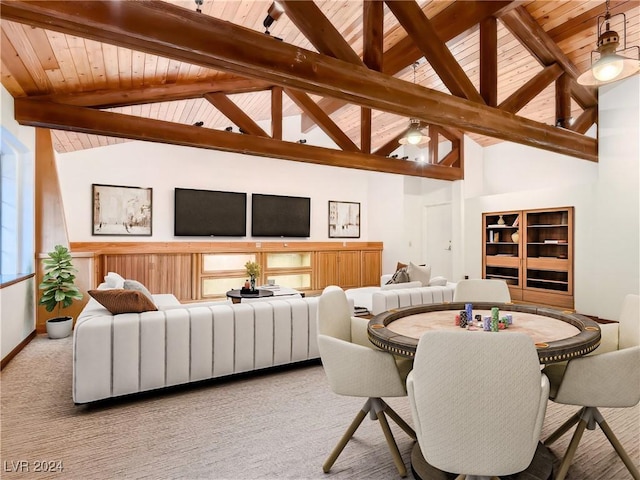 dining space with light carpet, vaulted ceiling with beams, wood ceiling, and baseboards