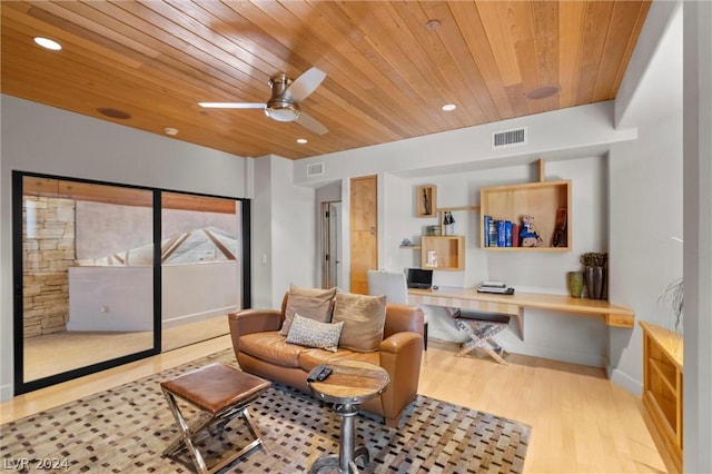 living room with wood ceiling, built in desk, ceiling fan, and light wood-type flooring