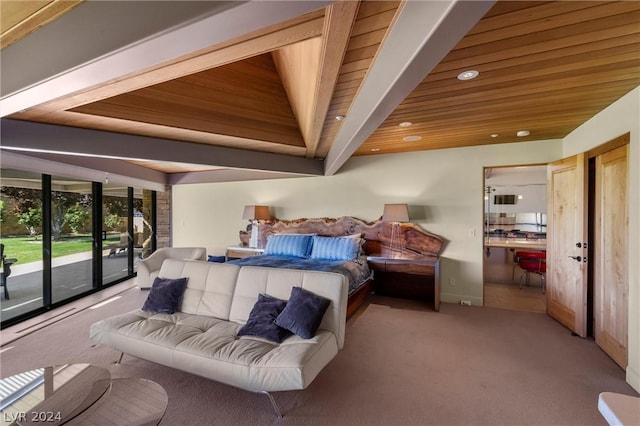 carpeted bedroom with french doors and wooden ceiling