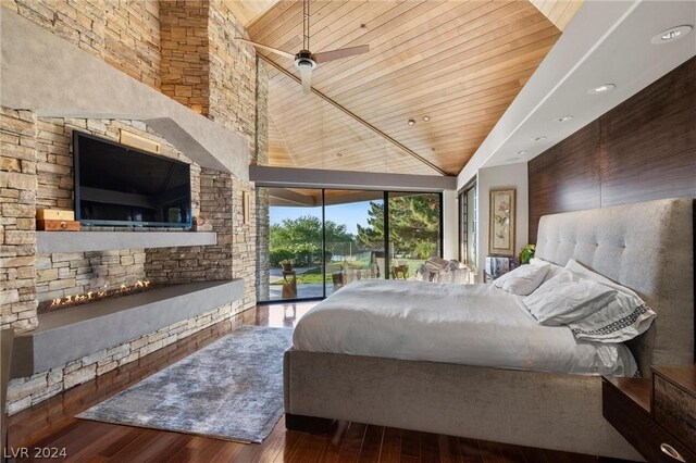 bedroom featuring wood ceiling, dark wood-type flooring, high vaulted ceiling, and access to outside