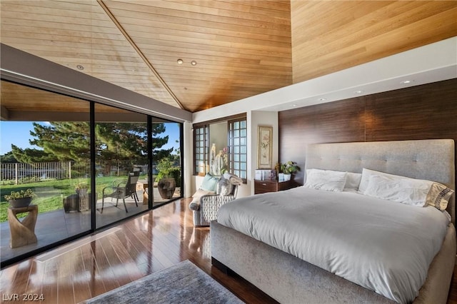 bedroom with hardwood / wood-style floors, wooden ceiling, and high vaulted ceiling