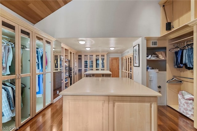 spacious closet featuring lofted ceiling and dark hardwood / wood-style floors