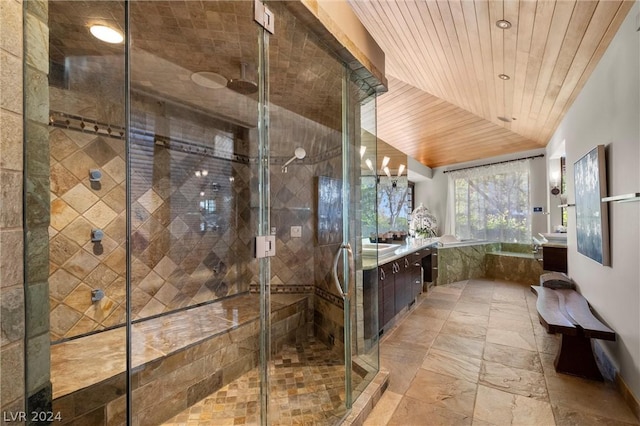 bathroom with vanity, separate shower and tub, vaulted ceiling, and wooden ceiling