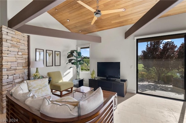 living room with ceiling fan, wooden ceiling, vaulted ceiling, and light tile patterned floors