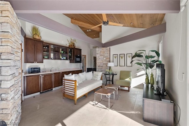 living room with wood ceiling, high vaulted ceiling, and ceiling fan