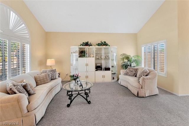 carpeted living room with lofted ceiling