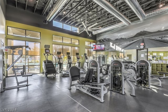 exercise room with a high ceiling