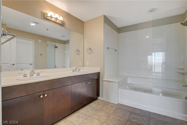 full bathroom featuring visible vents, a sink, shower / bathtub combination, and double vanity