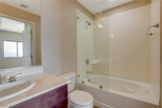 full bath with toilet, visible vents, tub / shower combination, and vanity