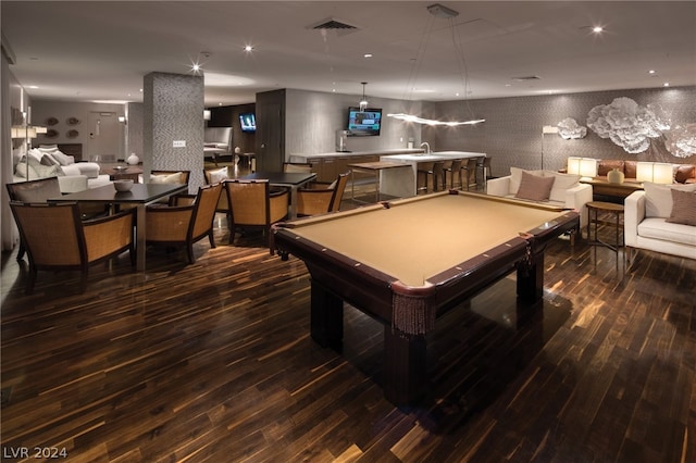 rec room featuring recessed lighting, pool table, visible vents, wood finished floors, and wallpapered walls